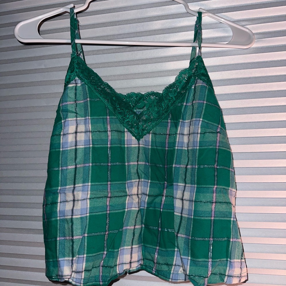Green Plaid Colsie Pajama Set with Lace Trim